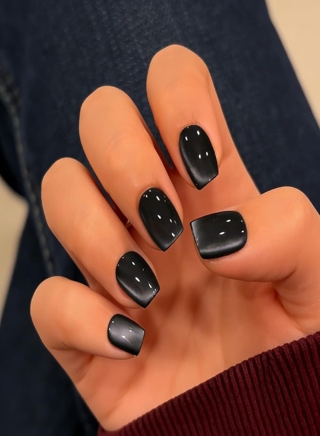 KQueenest Cat Eye Press On Nails Short, 30 Pcs Glitter Black Press On Nails Square, Dark Sparkly Fake Nails With Glue, Bling Glue on Nails Coffin, Reusable Goth Stick on Nail for Women Decoration - Image 1